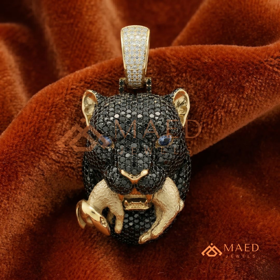 Black Diamond Panther Head Pendant in Sterling Silver, 14K Gold & Rose Gold