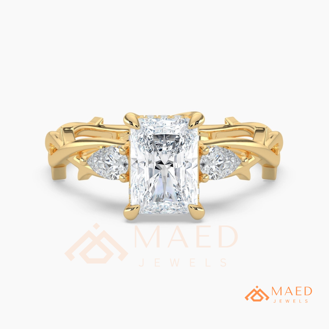 Nature-Inspired Radiant Cut Three-Stone Engagement Ring in Silver, 14k Gold, Rose Gold & Rose Gold