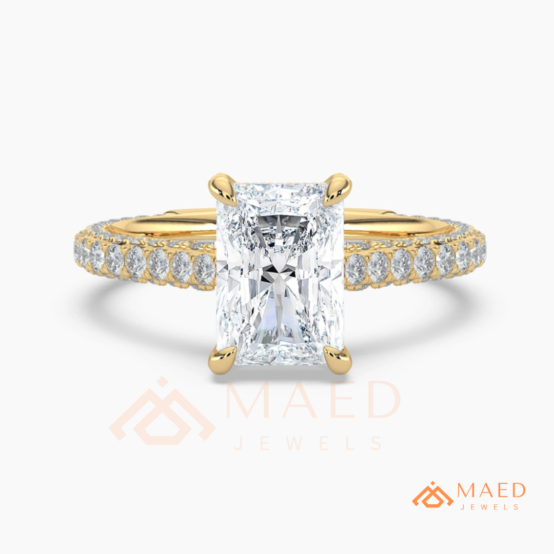 Radiant Cut Engagement Ring with Three-Row Pavé Band | 14k Gold, Rose Gold & Silver