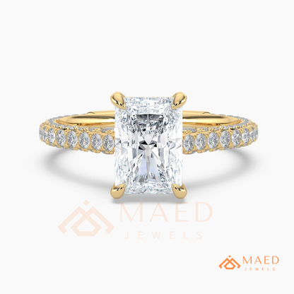 Radiant Cut Engagement Ring with Three-Row Pavé Band | 14k Gold, Rose Gold & Silver