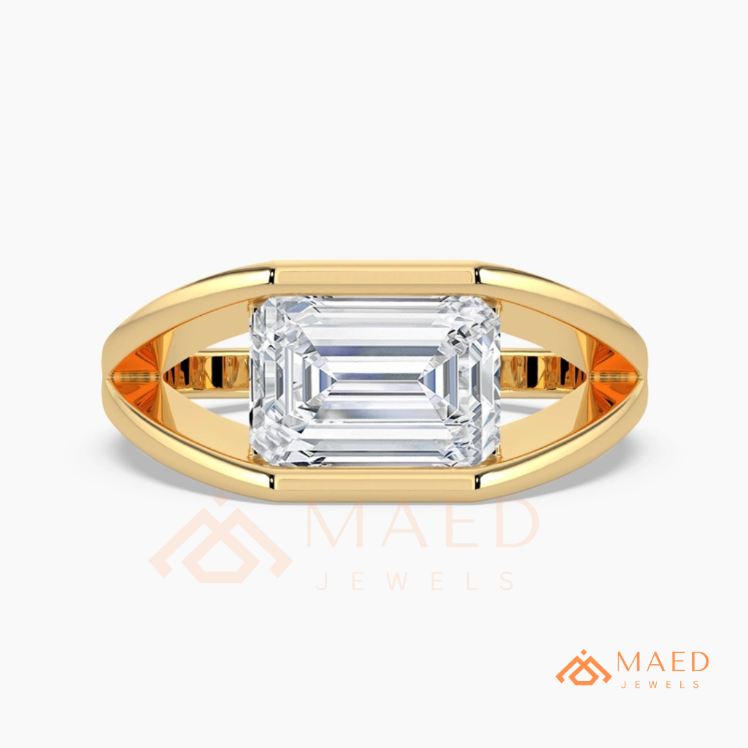 East West Emerald Cut Engagement Ring | Modern Architectural Bezel Ring | 14K Gold, Rose Gold & Sterling Silver