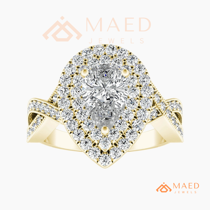 Double Halo Pear Cut Engagement Ring with Twisted Pave Band