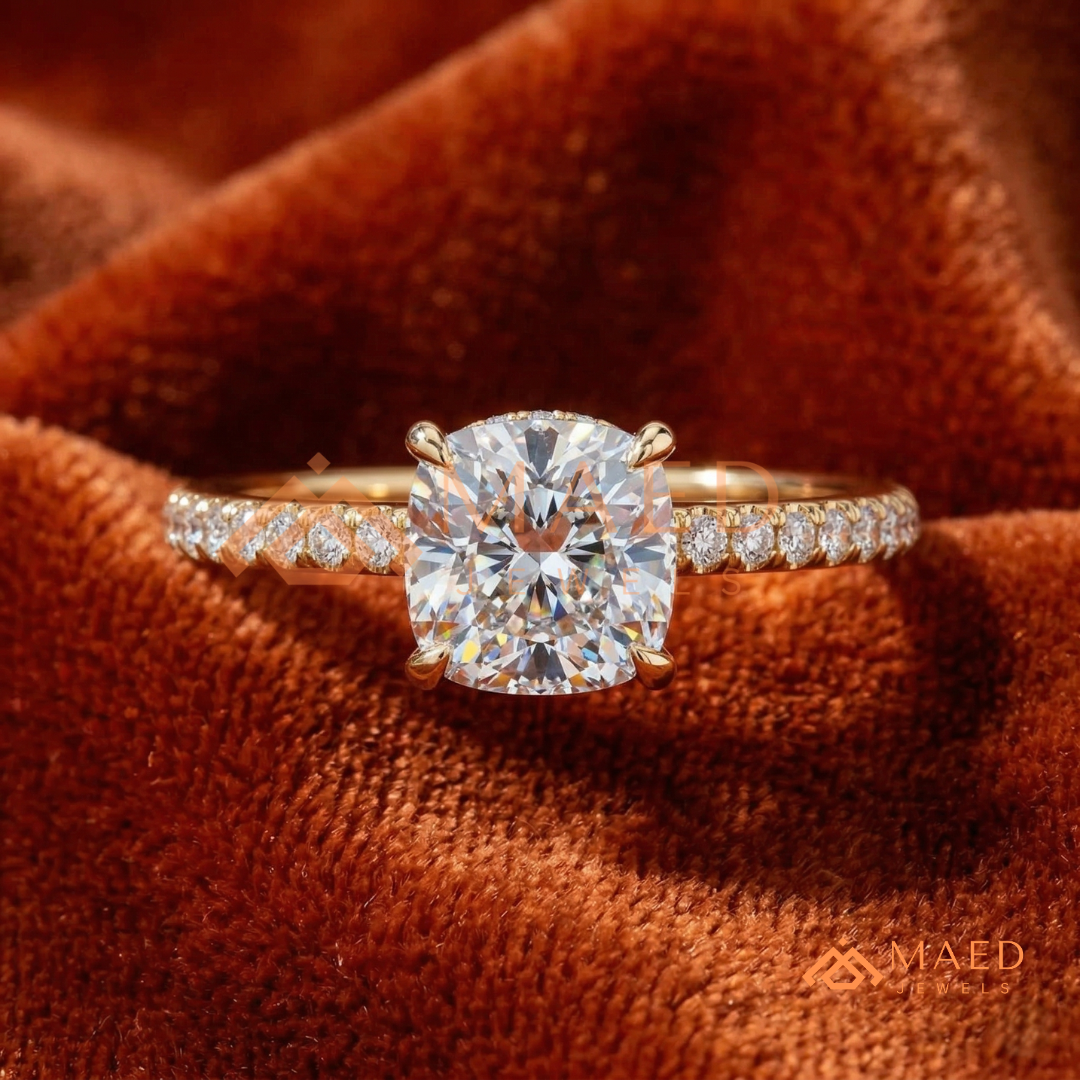 Brilliant Cushion Cut Engagement Ring | Pavé Diamond Band in 14K Gold, Rose Gold & Sterling Silver