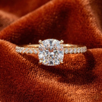 Brilliant Cushion Cut Engagement Ring | Pavé Diamond Band in 14K Gold, Rose Gold & Sterling Silver