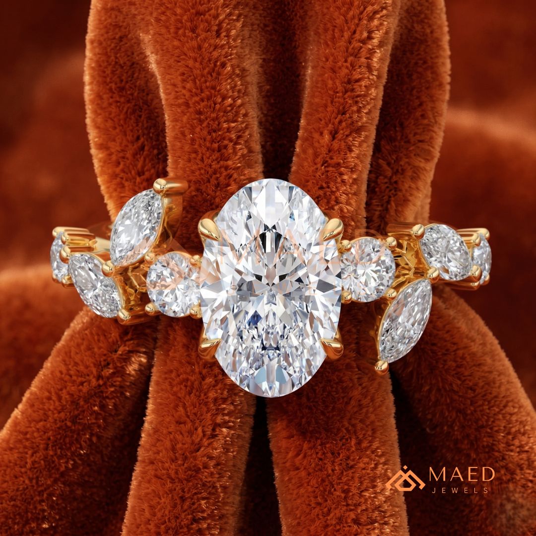 Asymmetric Oval Cut Cluster Engagement Ring | Marquise Leaf Vine Band