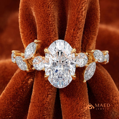 Asymmetric Oval Cut Cluster Engagement Ring | Marquise Leaf Vine Band