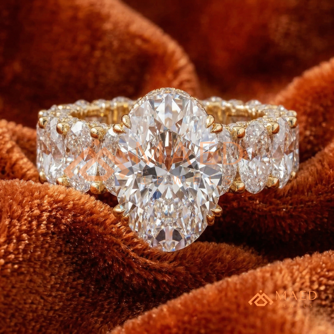 Elongated Oval Cut Engagement Ring with Full Oval Eternity Band | 14k Gold & Silver