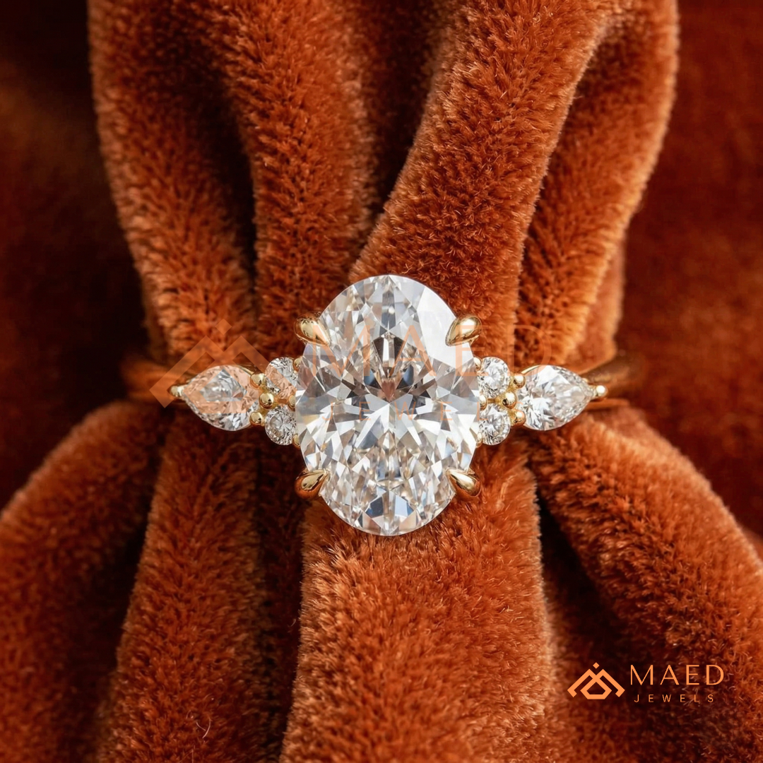Oval Cut Engagement Ring with Pear and Round Cluster Band in Silver, 14K Gold, & 14K Rose Gold