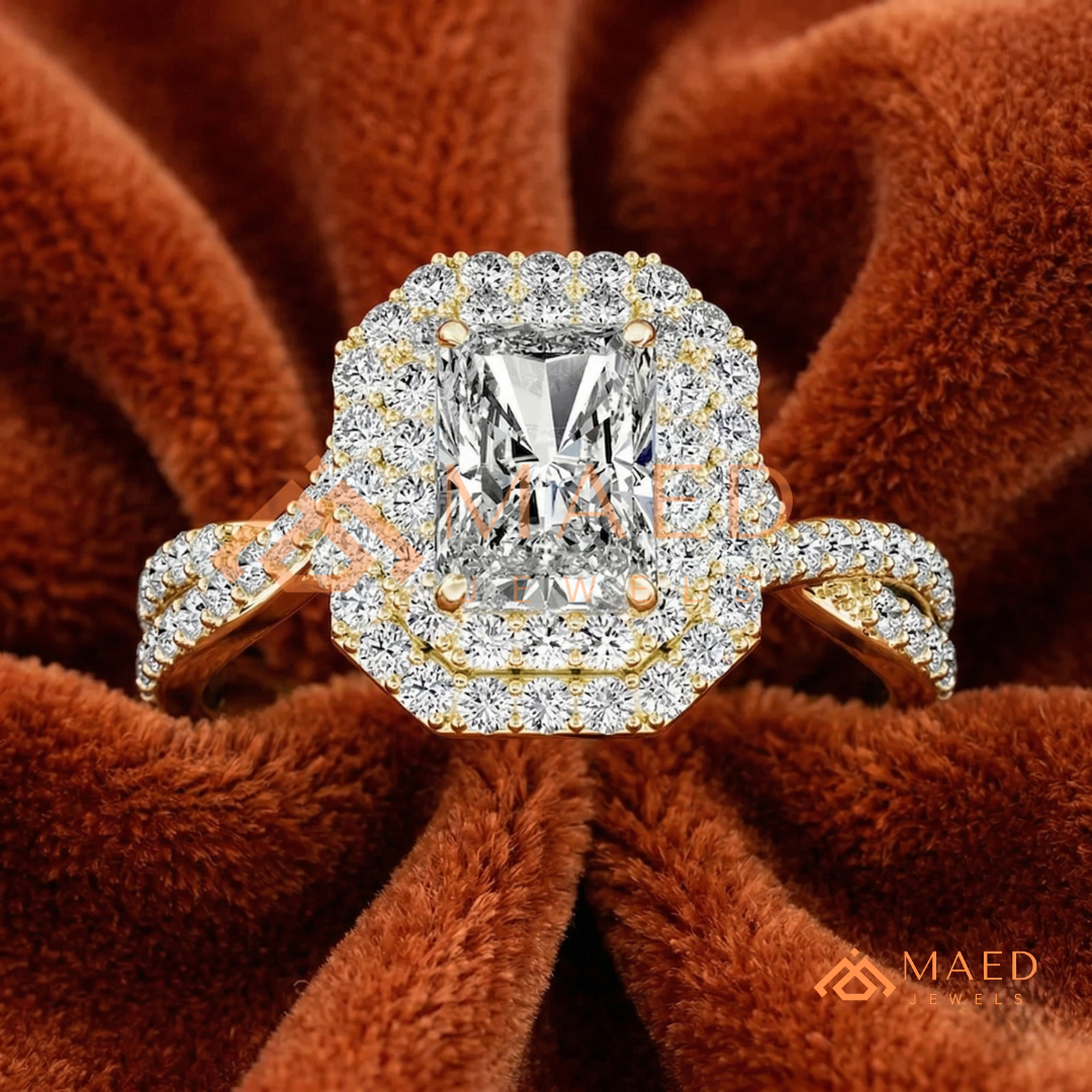 Radiant Cut Double Halo Engagement Ring with Twisted Band | 14k White Gold 14k Rose Gold,14K GOLD