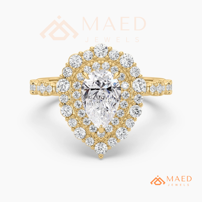 Vintage Pear Shaped Double Halo Engagement Ring with Pave Band in Silver, 14K Gold & Rose Gold