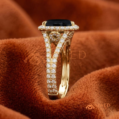 Gothic Luxury Black Spinel Split Shank Ring – Silver, 14K Yellow & Rose Gold