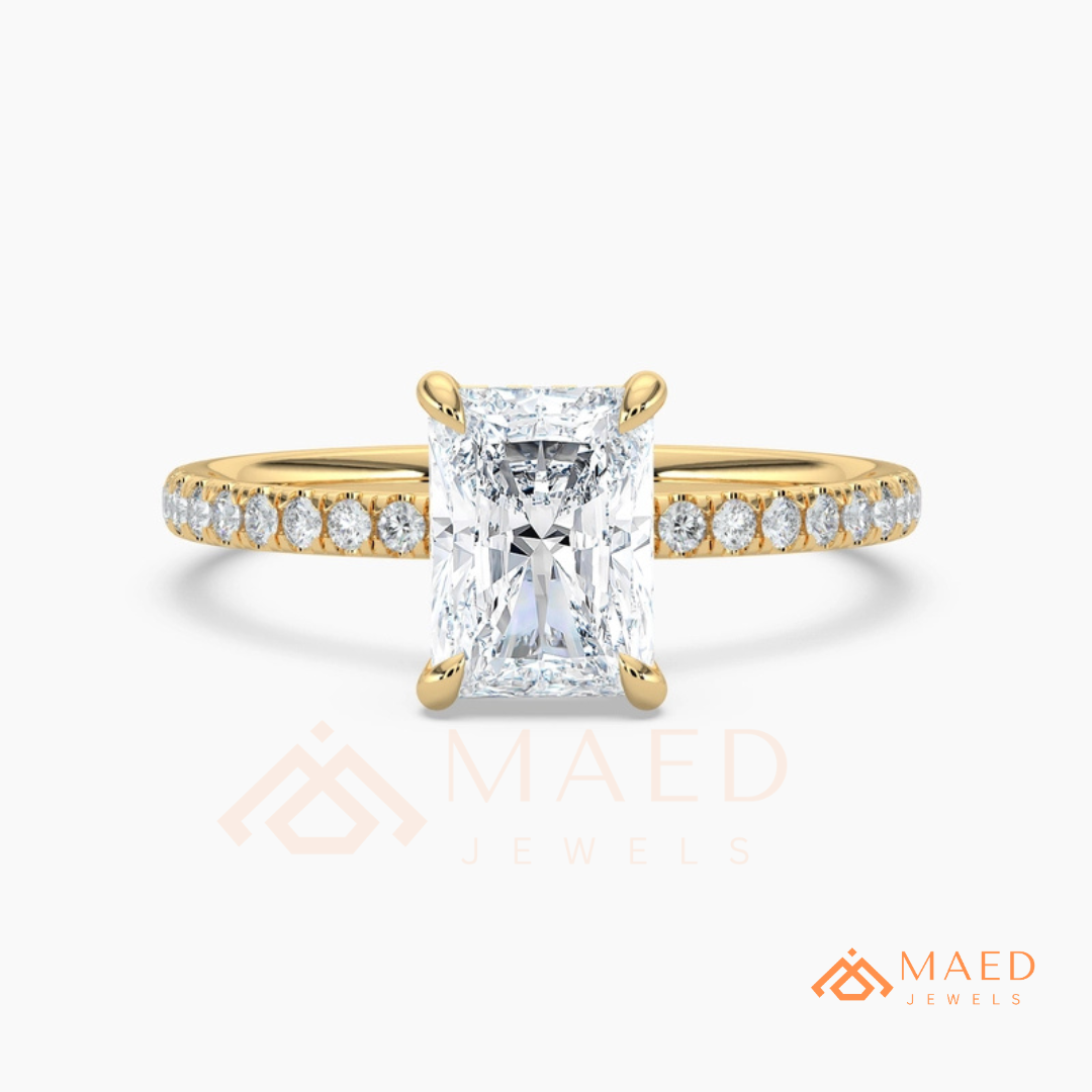 Radiant Cut Moissanite Engagement Ring in Sterling Silver, 14K White Gold & Rose Gold | Hidden Halo Diamond Band For Women