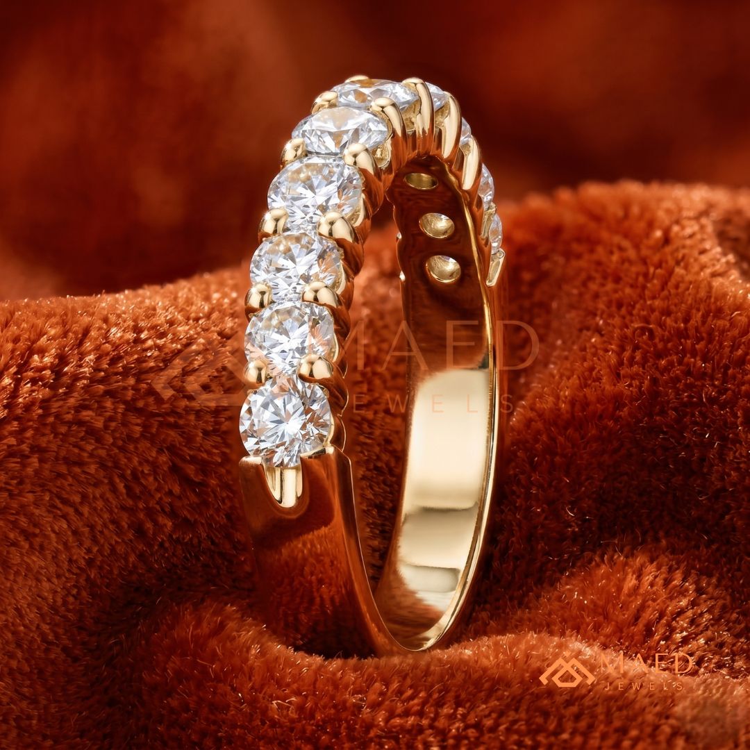 5-Stone Mixed Cut Diamond Wedding Band | East-West Emerald & Round Cut Ring in Silver, 14K Gold, & Rose Gold
