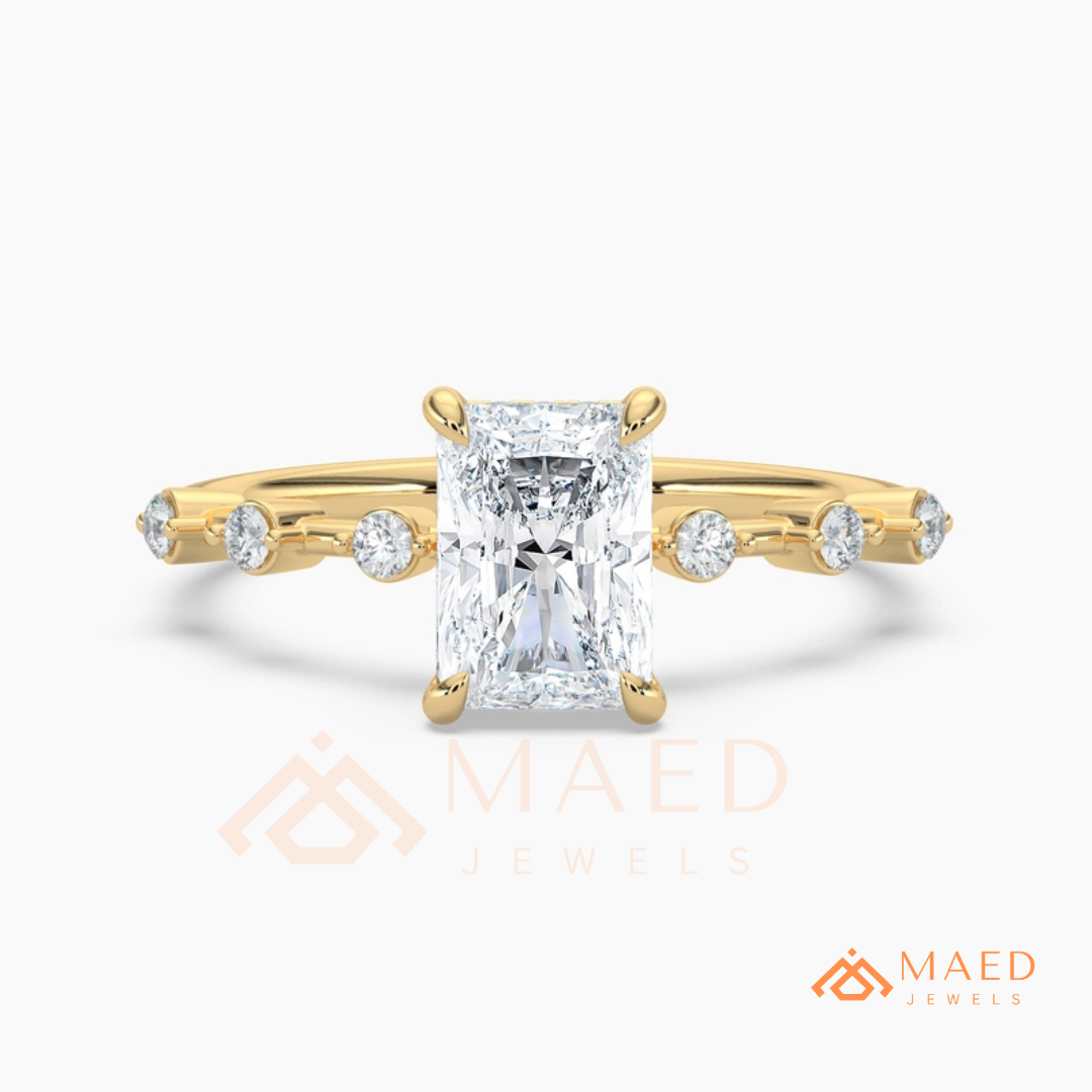 Radiant Cut Moissanite Engagement Ring in Sterling Silver, 14K Gold & Rose Gold | Art Deco Bezel-Set Accent Band