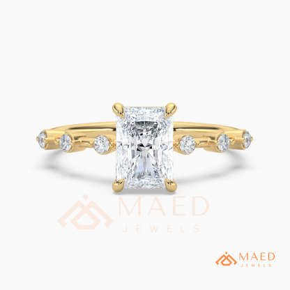 Radiant Cut Moissanite Engagement Ring in Sterling Silver, 14K Gold & Rose Gold | Art Deco Bezel-Set Accent Band