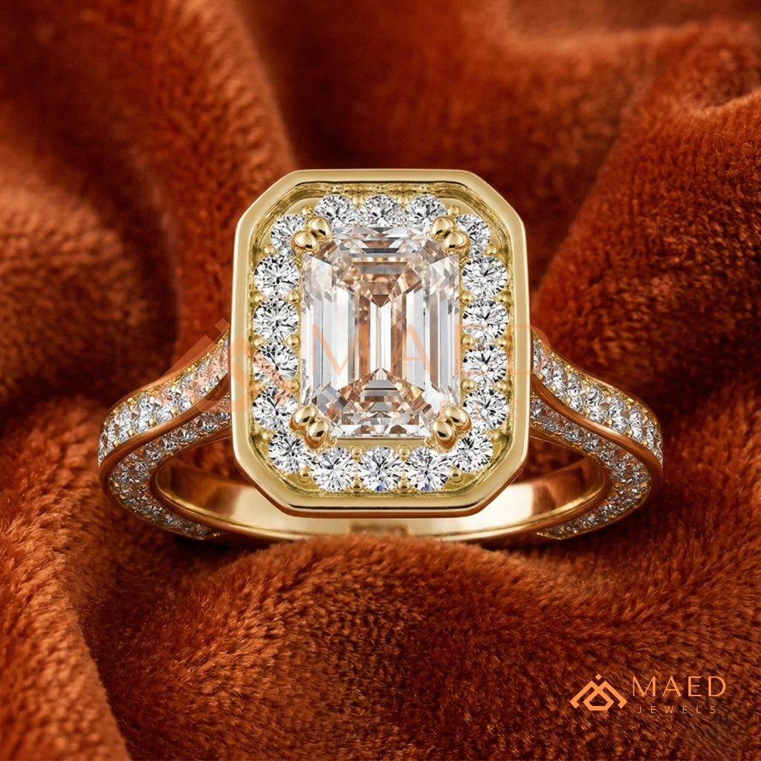 Art Deco Emerald Cut [Gemstone Type] Bezel Halo Ring in 14K Yellow Gold, Rose Gold & Silver