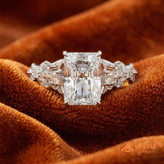 Radiant Cut Engagement Ring with Marquise Cluster Band in Silver, 14K Gold, & 14K Rose Gold