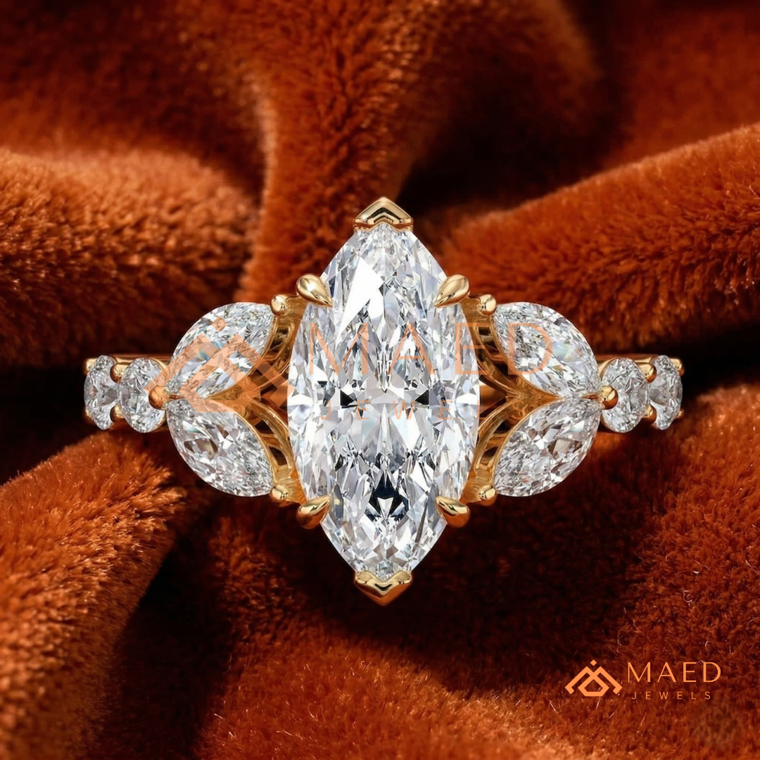 Marquise Cut Leaf Cluster Engagement Ring | 14k Gold, Rose Gold & Sterling Silver