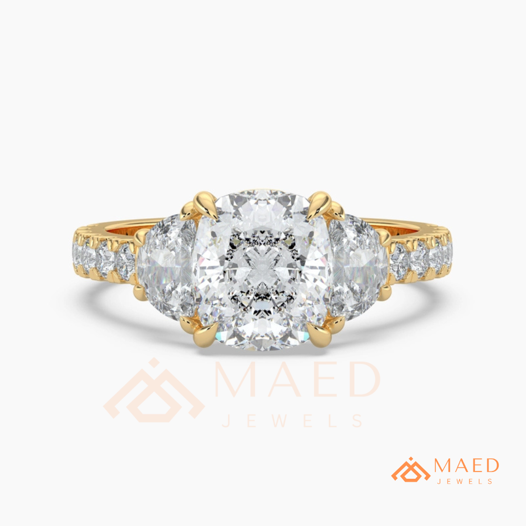 Classic Cushion Cut Three-Stone Engagement Ring with Half-Moon Side Stones in Silver, 14K Gold & Rose Gold
