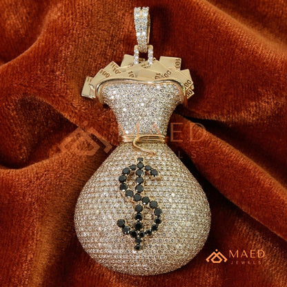 Iced Out Money Bag Pendant with Dollar Sign in Silver, 14K Yellow & Rose Gold