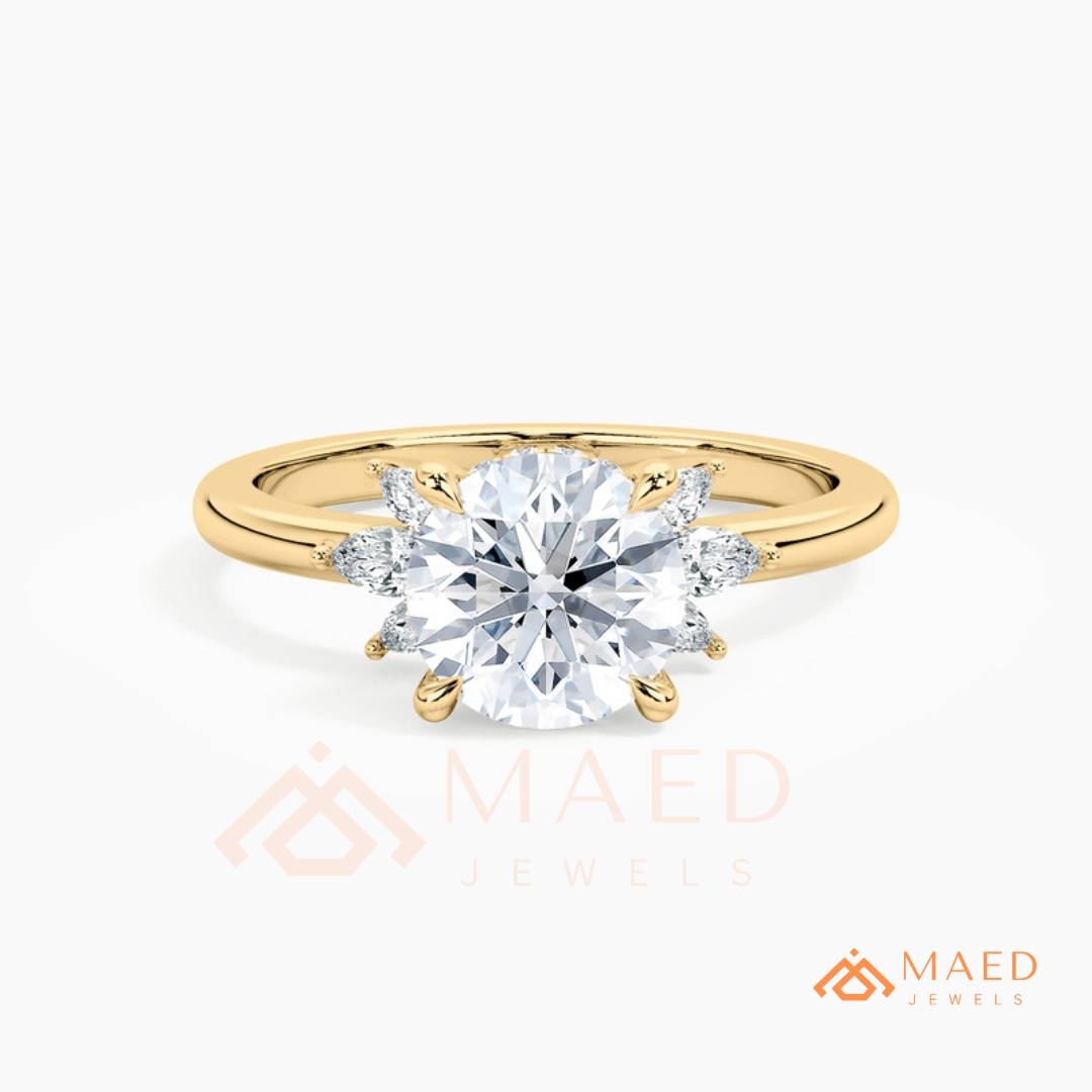 Round Brilliant Cut Ring with Marquise Floral Cluster | 14k Gold, Rose Gold & Silver