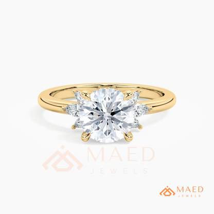 Round Brilliant Cut Ring with Marquise Floral Cluster | 14k Gold, Rose Gold & Silver