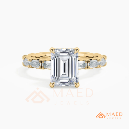 Classic Emerald Cut Solitaire Ring with Emerald Band Eternity Shank
