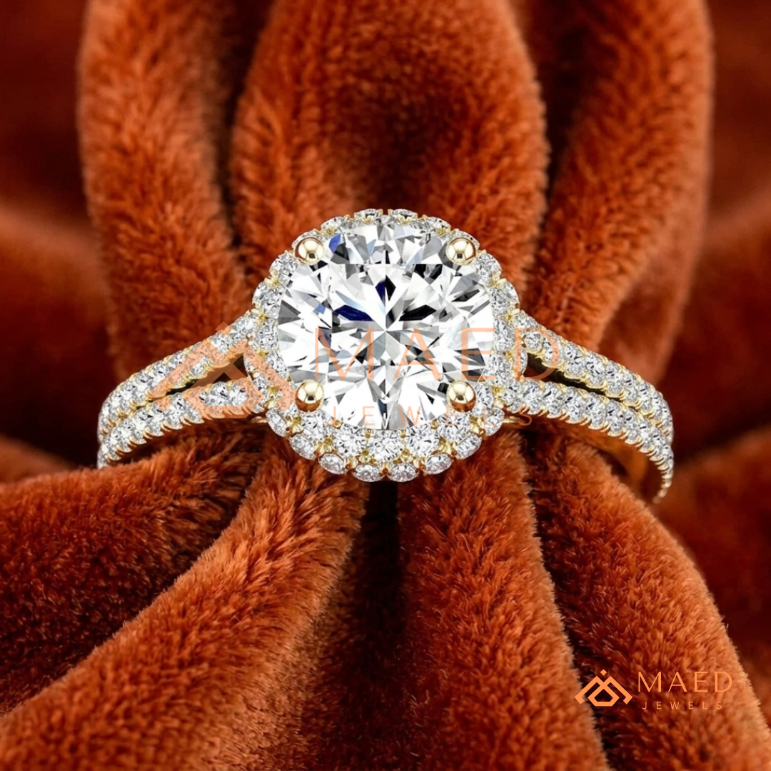Round-Cut Halo Engagement Ring with Split-Shank Pavé Band