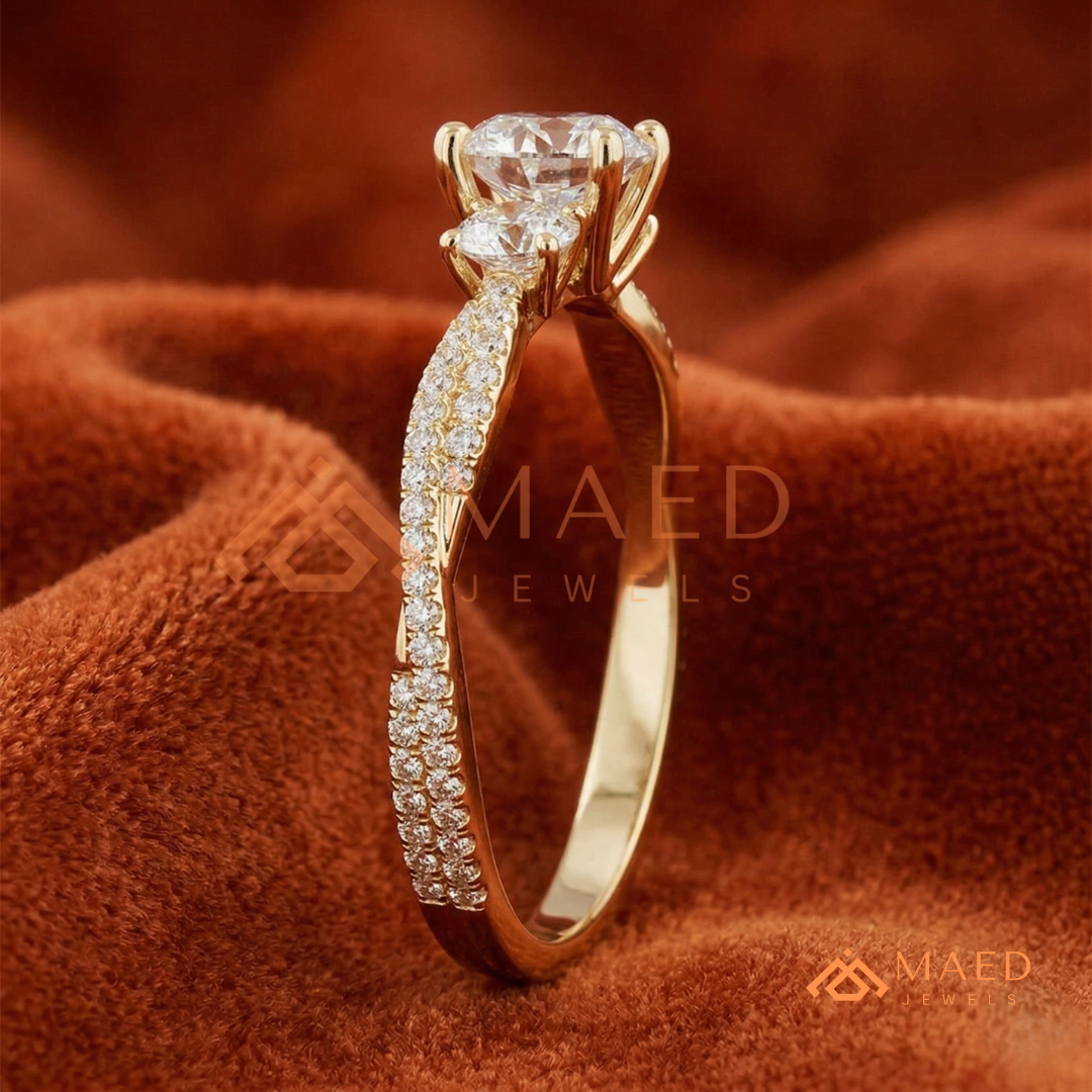 Round Cut 3-Stone Engagement Ring with Twisted Pavé Band in Silver, 14K Gold, & 14K Rose Gold