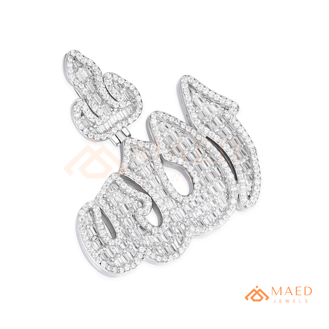 Iced Out Baguette Allah Calligraphy Pendant – 14K Gold, Rose Gold & Silver Religious Hip Hop Charm