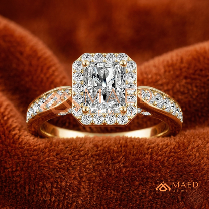 Radiant Cut Rectangular Halo Engagement Ring with Twisted Pavé Band