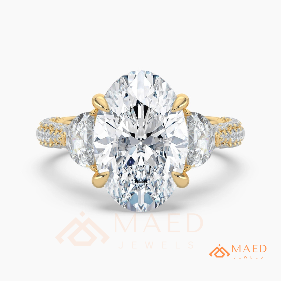 Oval Cut Engagement Ring with Half Moon Side Stones and Pavé Band in Silver, 14K Gold, & 14K Rose Gold
