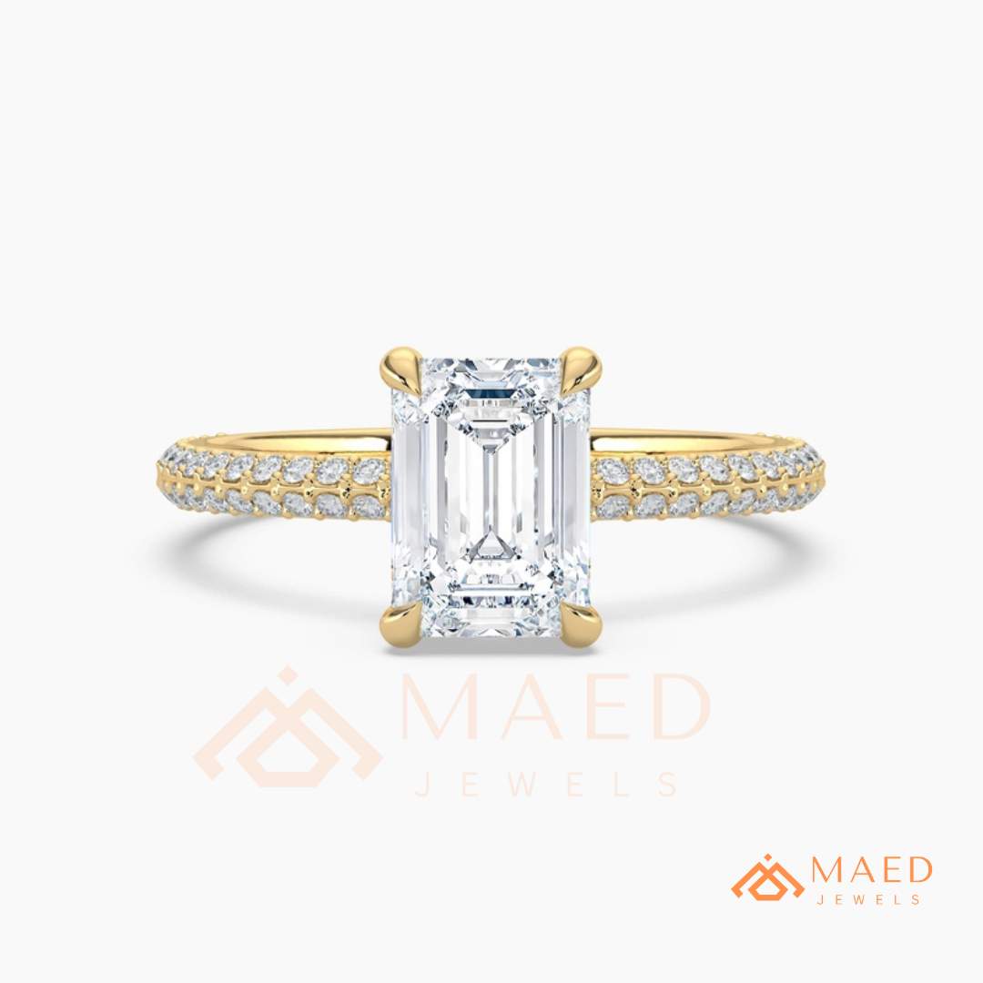 Emerald Cut Engagement Ring with Multi-Row Pavé Band in Silver, 14K Gold, & 14K Rose Gold