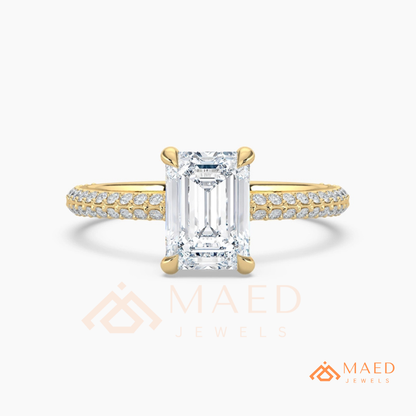 Emerald Cut Engagement Ring with Multi-Row Pavé Band in Silver, 14K Gold, & 14K Rose Gold