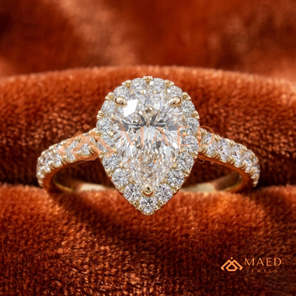 Pear Cut Halo Engagement Ring with Pave Band