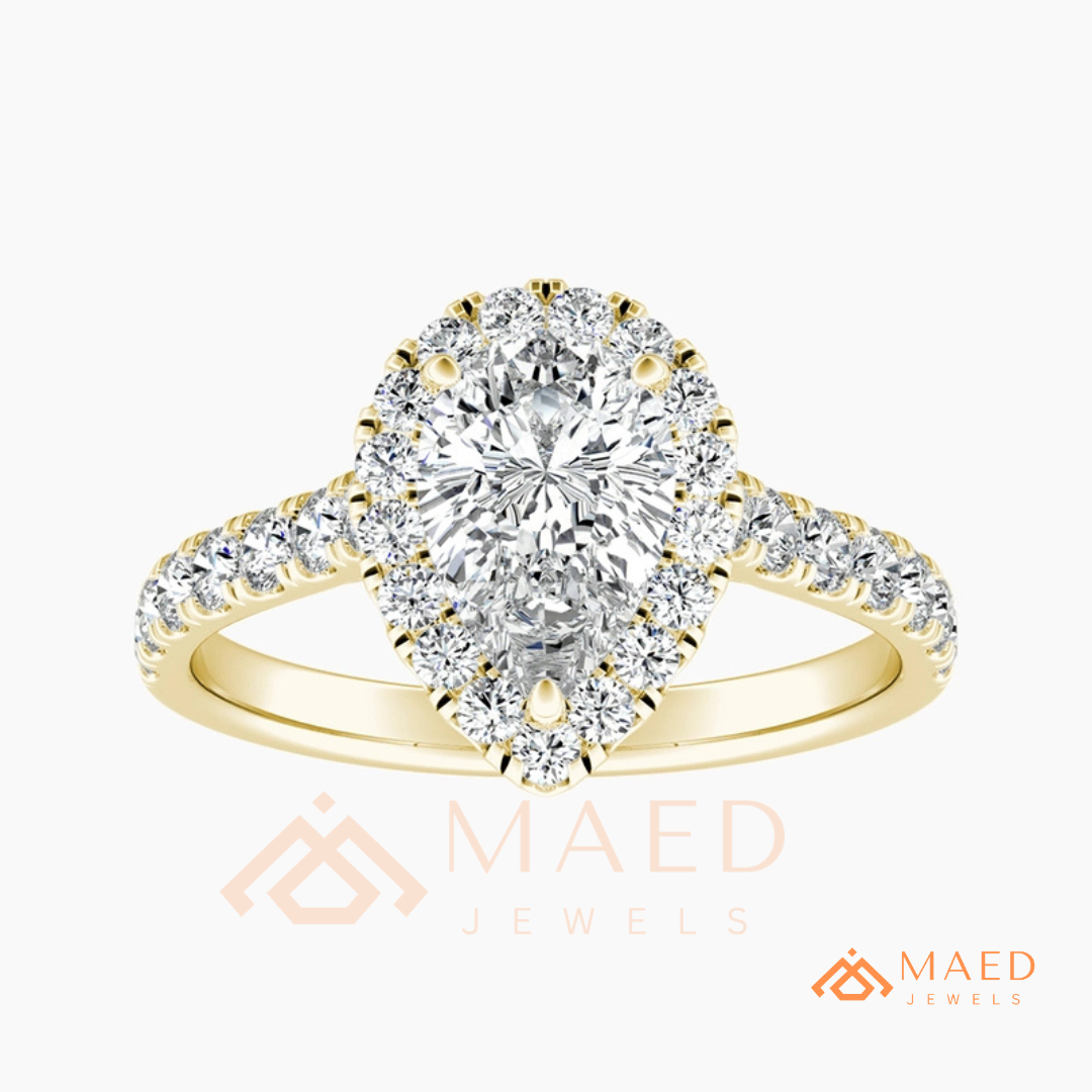Pear Cut Halo Engagement Ring with Pave Band