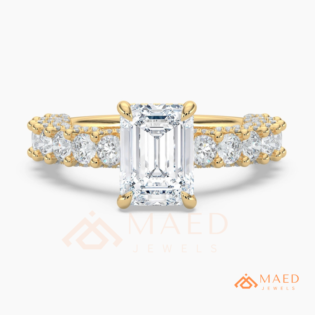 Emerald Cut Engagement Ring with Large Round Accent Band in Silver, 14K Gold, & 14K Rose Gold