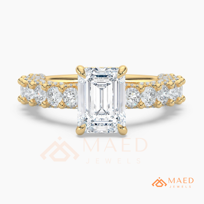Emerald Cut Engagement Ring with Large Round Accent Band in Silver, 14K Gold, & 14K Rose Gold
