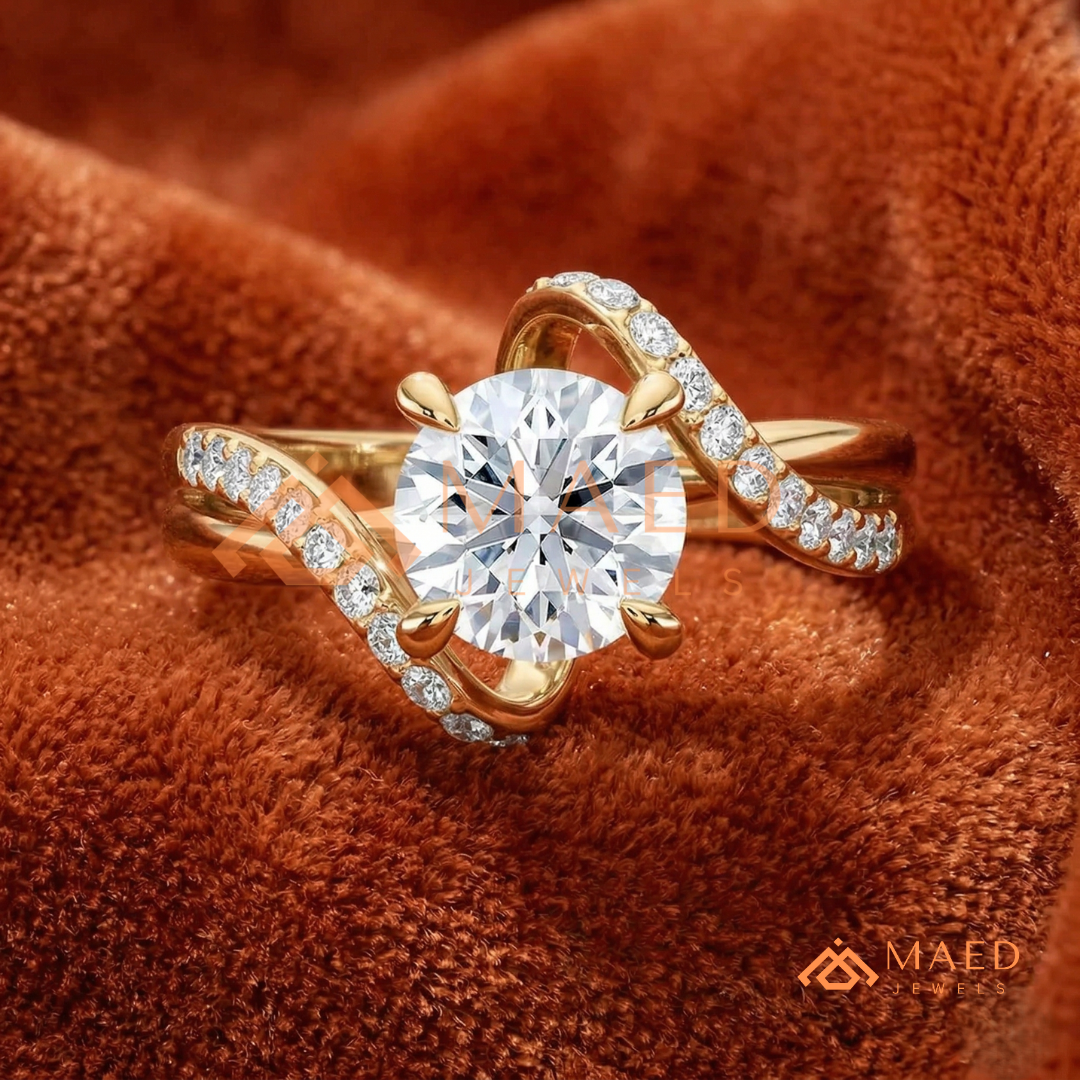 Round Cut Diamond Bypass Engagement Ring in Sterling Silver, 14K Gold & Rose Gold
