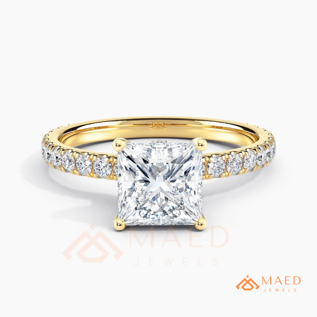 Princess Cut Engagement Ring with Pavé Band in Silver, 14K Gold, & 14K Rose Gold