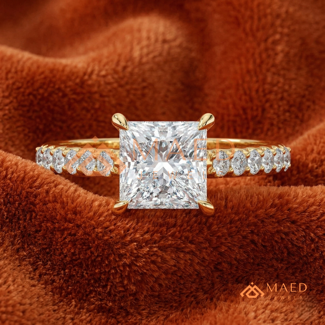 Princess Cut Engagement Ring with Pavé Band | 14k Gold, Rose Gold & Silver