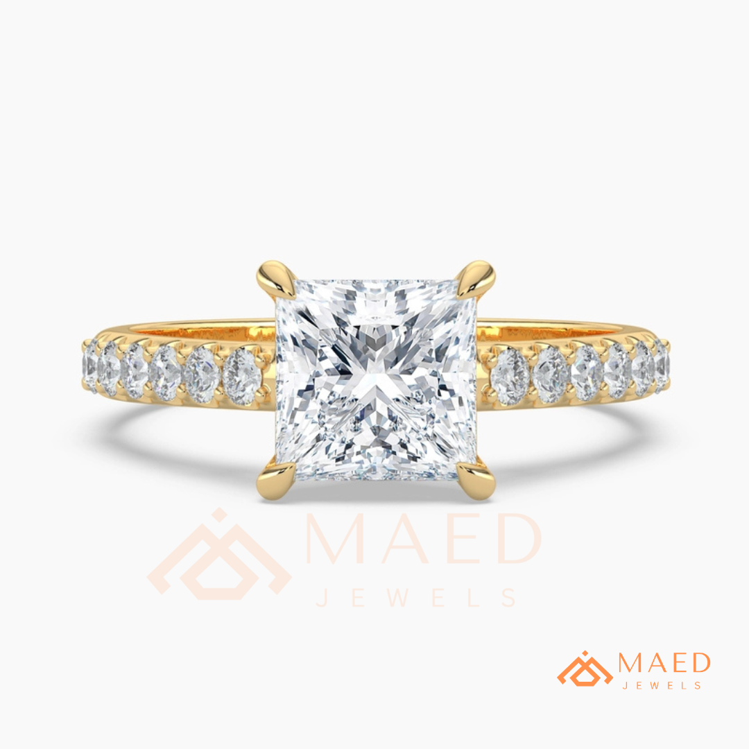 Princess Cut Engagement Ring with Pavé Band | 14k Gold, Rose Gold & Silver