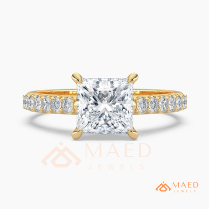 Princess Cut Engagement Ring with Pavé Band | 14k Gold, Rose Gold & Silver