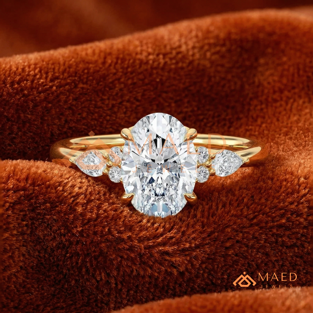 Oval Cut Cluster Engagement Ring | Pear & Round Side Stones in 14K Gold & Silver