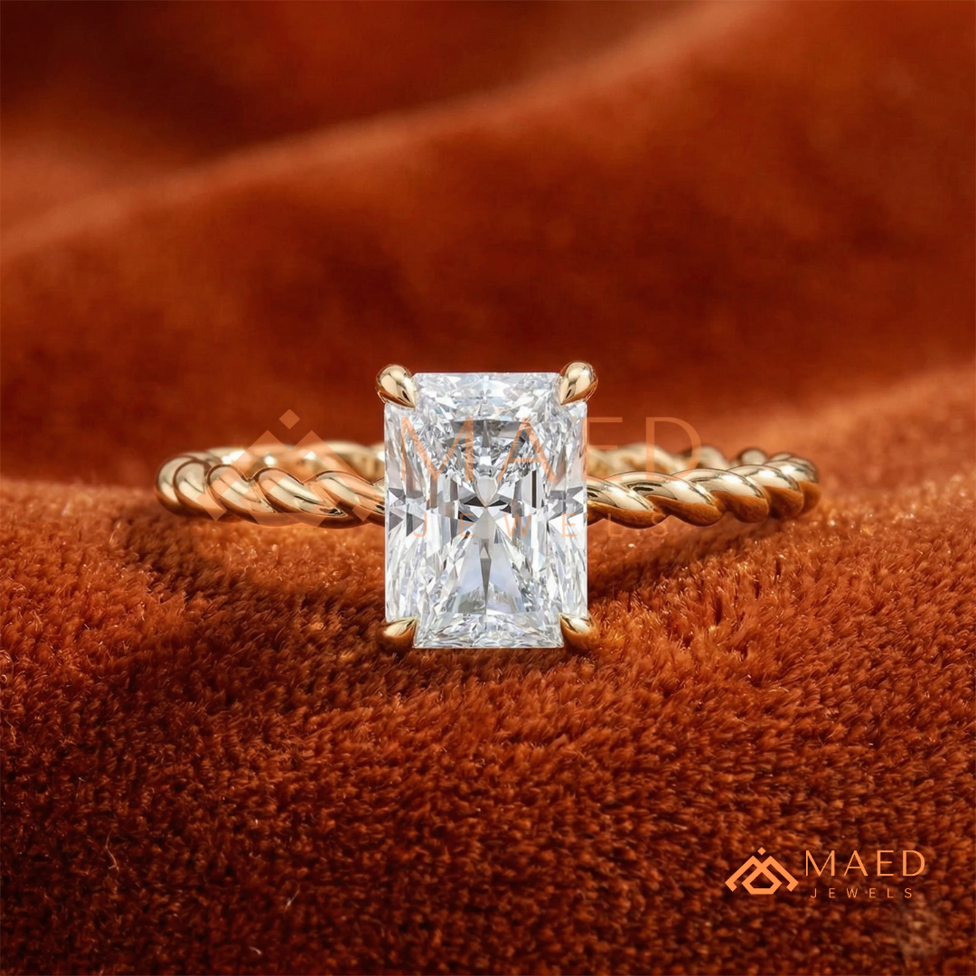 Classic Radiant Cut Twisted Cable Solitaire Ring in Silver, 14K Yellow Gold, or Rose Gold