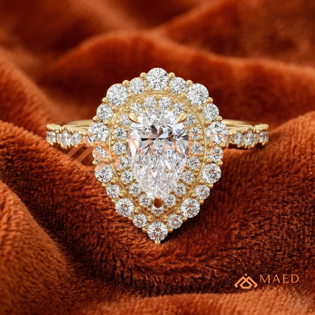 Vintage Pear Shaped Double Halo Engagement Ring with Pave Band in Silver, 14K Gold & Rose Gold