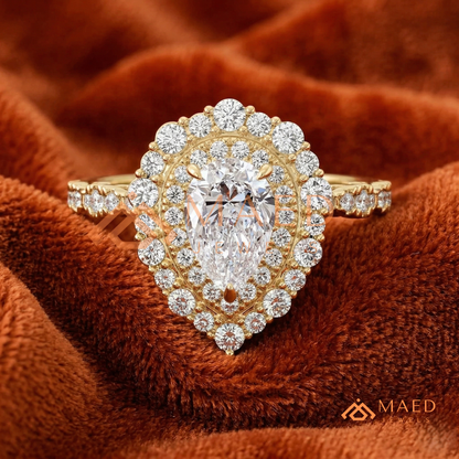 Vintage Pear Shaped Double Halo Engagement Ring with Pave Band in Silver, 14K Gold & Rose Gold