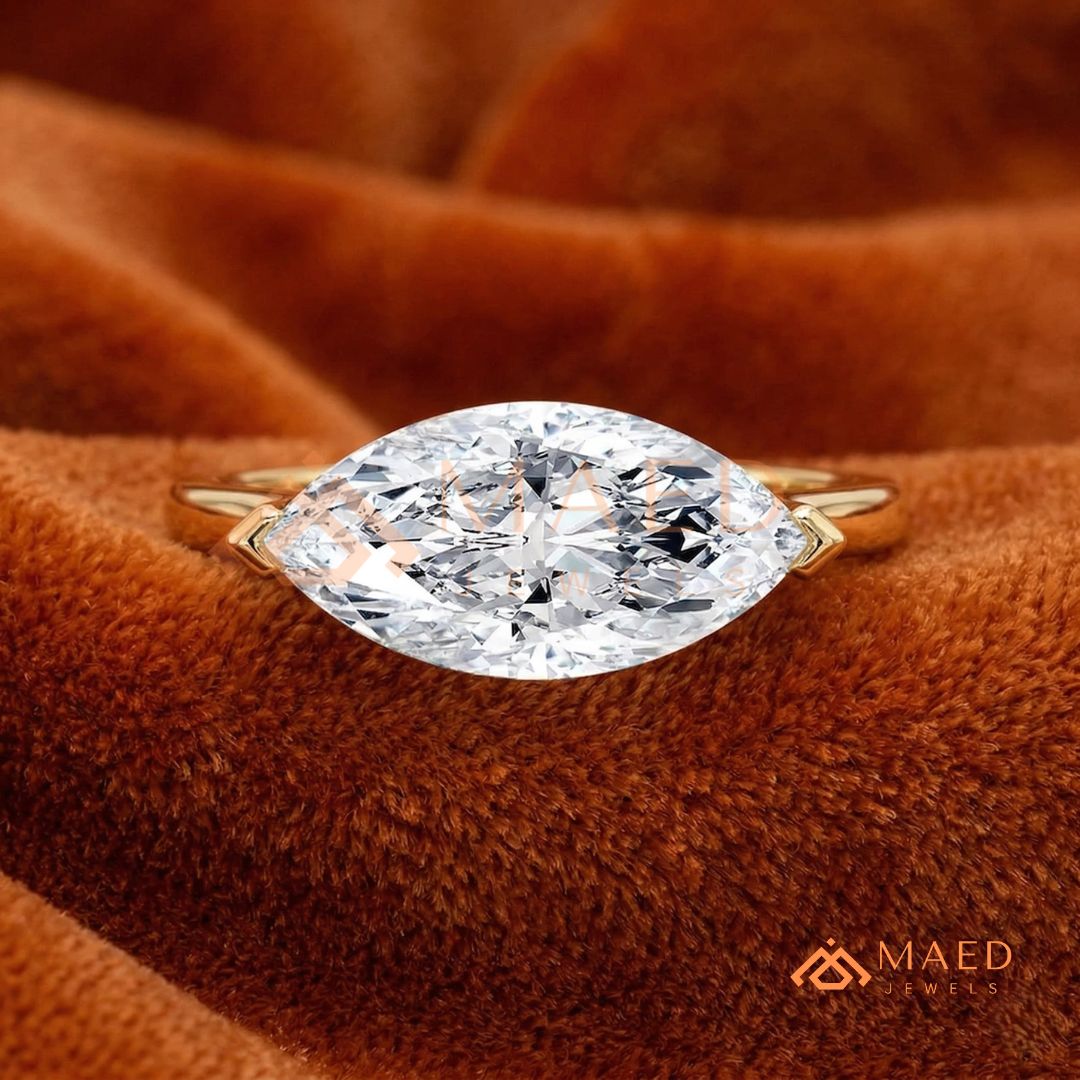 Horizontal Marquise Solitaire Ring with V-Prongs in Silver, 14K Yellow or Rose Gold