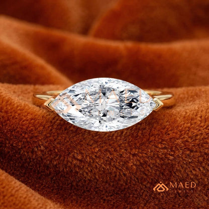 Horizontal Marquise Solitaire Ring with V-Prongs in Silver, 14K Yellow or Rose Gold