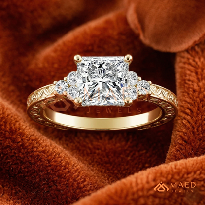 Vintage Princess Cut Three-Stone Engraved Ring | 14K Gold, Rose Gold & Silver